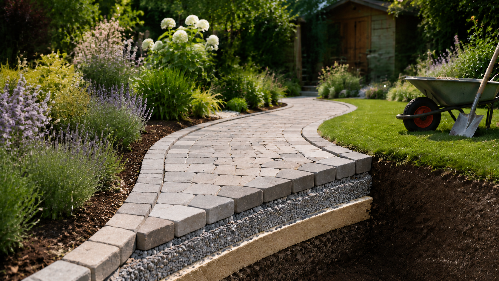 Angelegter Gartenweg aus Pflaster zwischen Beeten